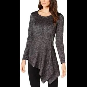 Alfani Silver Metallic Long Sleeve Asymmetrical Hem Top Tunic, Sz 2x 18/20